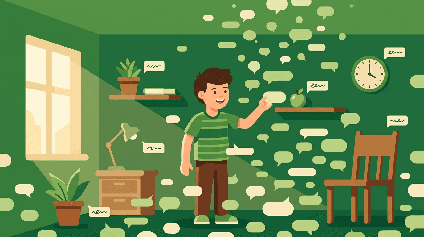 A student reaches for a floating word bubble in a green room, surrounded by language bubbles to represent immersion.