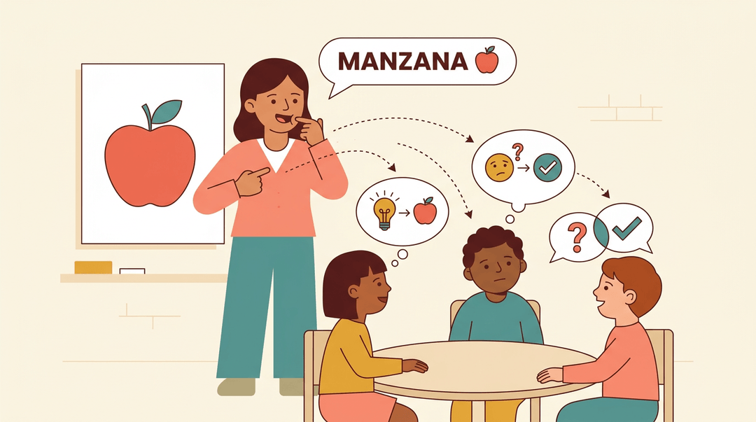 A teacher points to an apple picture card while students use thought bubbles and peer interaction to understand the word 'manzana'.