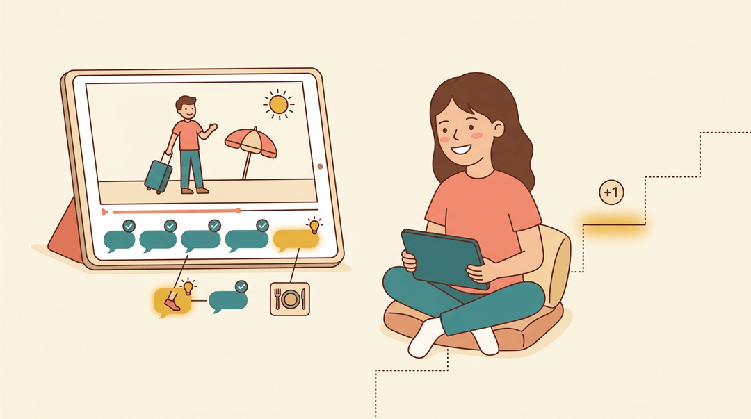 Teen girl watches Spanish subtitles on a tablet, using context clues to understand new words while stepping up her learning.