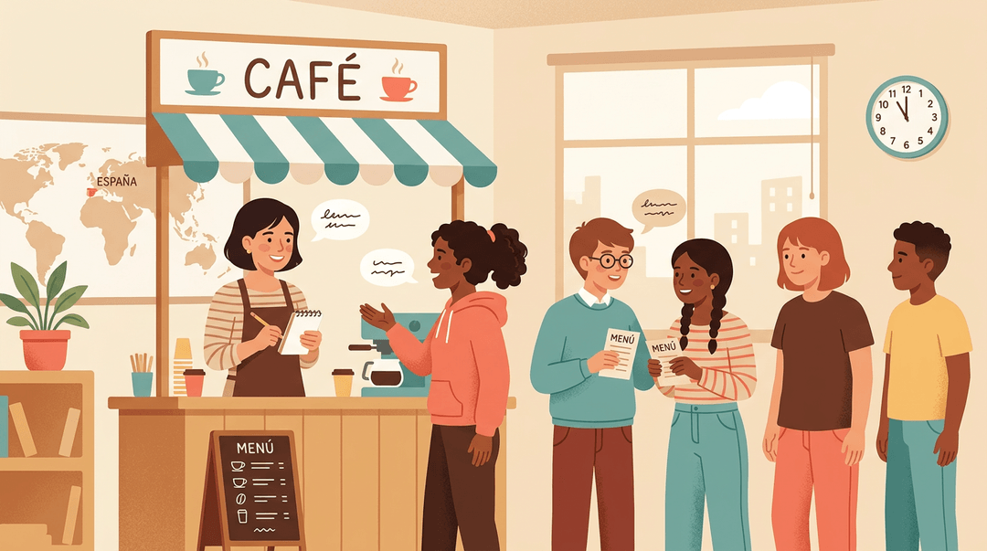 A teacher acts as a waiter at a classroom café while high school students practice speaking skills in line.