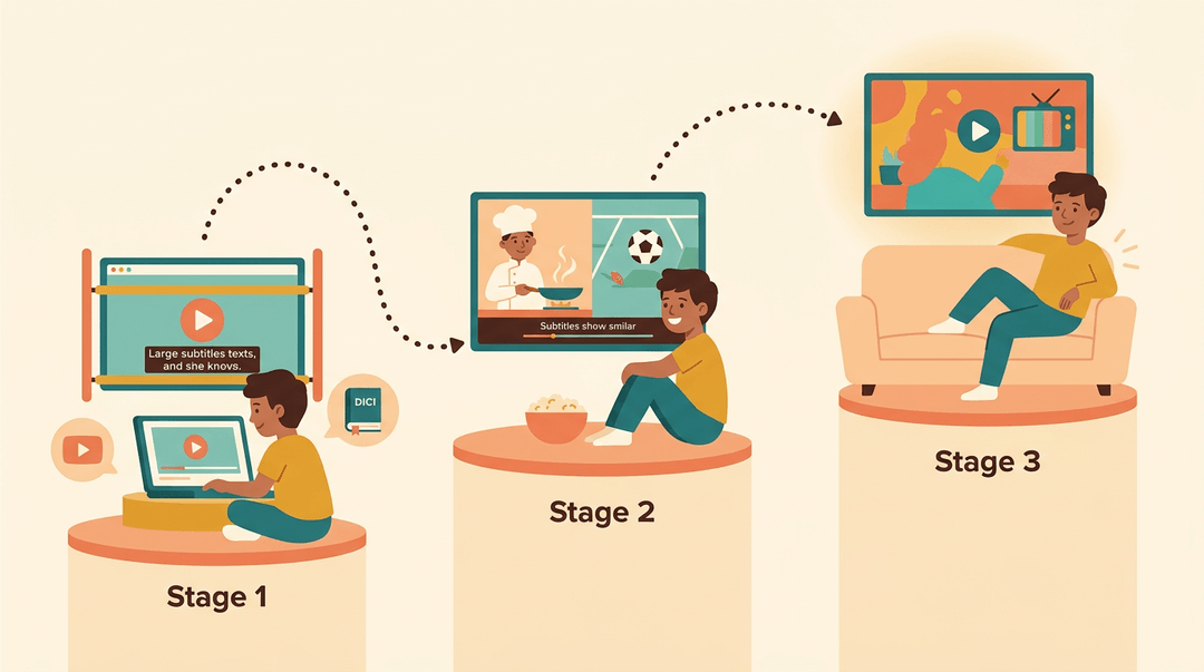 A learner progresses from heavy subtitle support to independent viewing, symbolizing growing language proficiency.