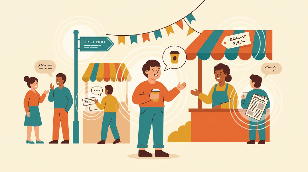 Person enjoying coffee at an outdoor market, surrounded by subtle language cues like signs and speech bubbles.