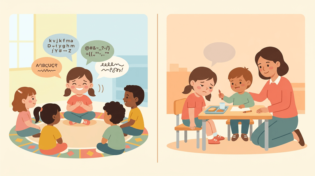 A girl overwhelmed by language noise in the morning finds support and calm from a teacher and classmate at lunch.