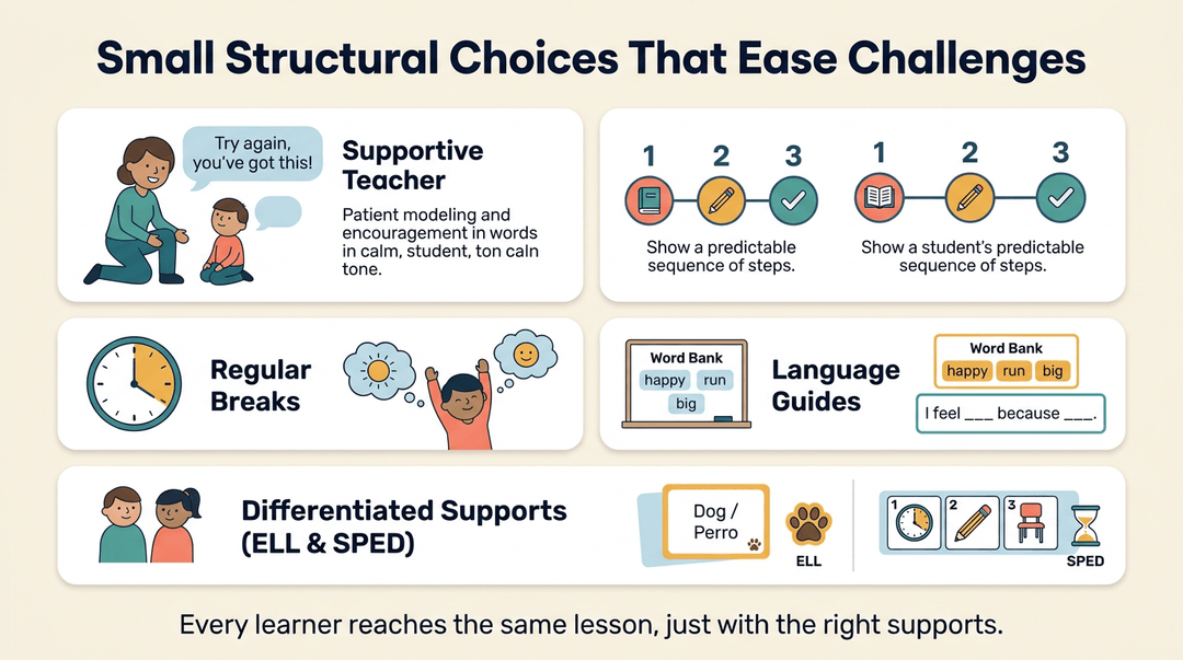 Infographic showing five structural classroom supports: supportive teachers, structured plans, regular breaks, language guides, and differentiated ELL/SPED aids.