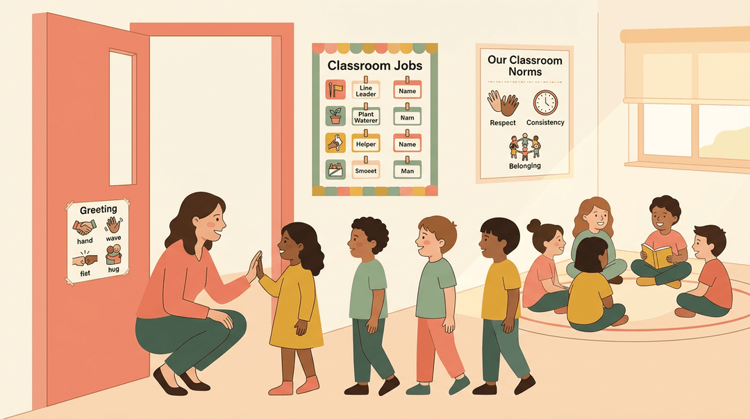 Teacher greets diverse students at the door using a visual chart, while classmates read in a cozy circle nearby.
