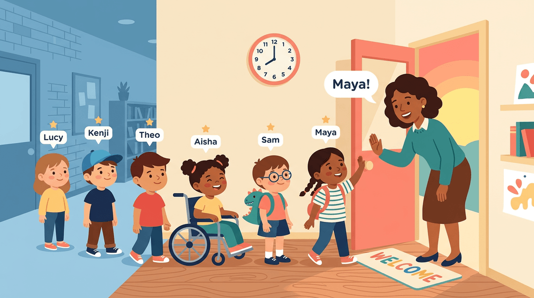 A teacher high-fives diverse students, including one in a wheelchair, under warm morning light.