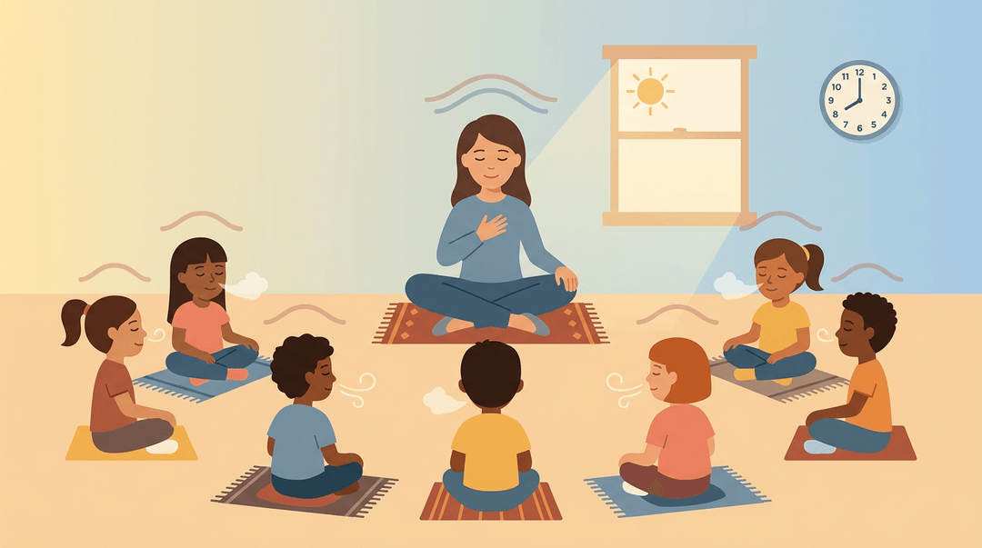 A teacher and fourth graders sit cross-legged, eyes closed, practicing synchronized deep breathing in a calm classroom.