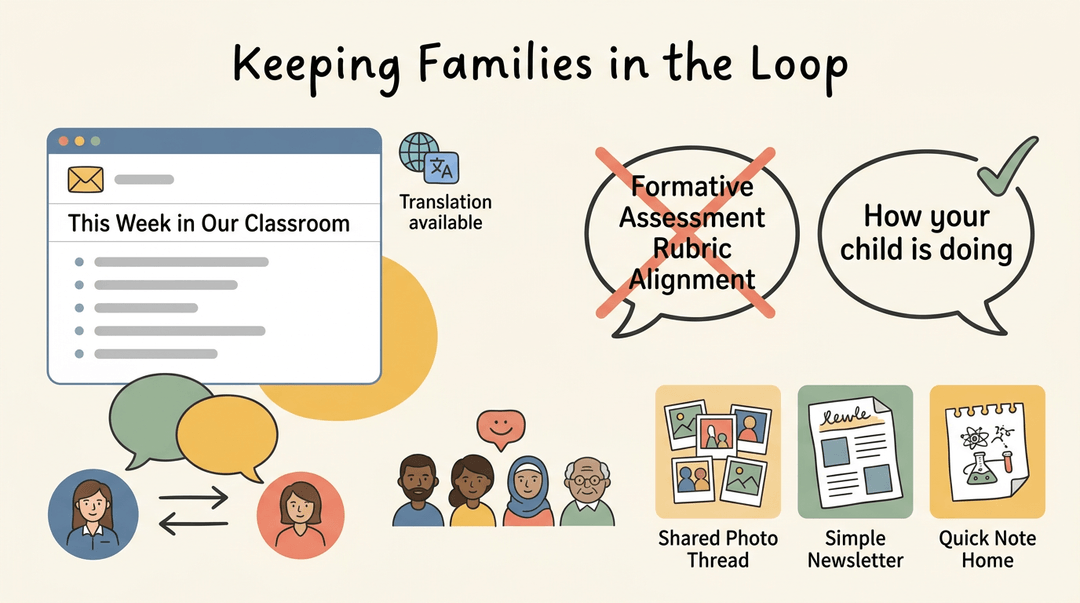 Illustration showing clear, two-way family communication methods like emails and newsletters, avoiding jargon to keep parents informed.