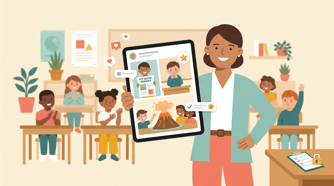 A teacher holds a tablet showing positive student photos and comments, with privacy icons in the background.
