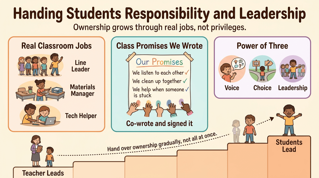 Infographic showing how to hand over classroom responsibility through real jobs, co-written promises, and gradual leadership growth.