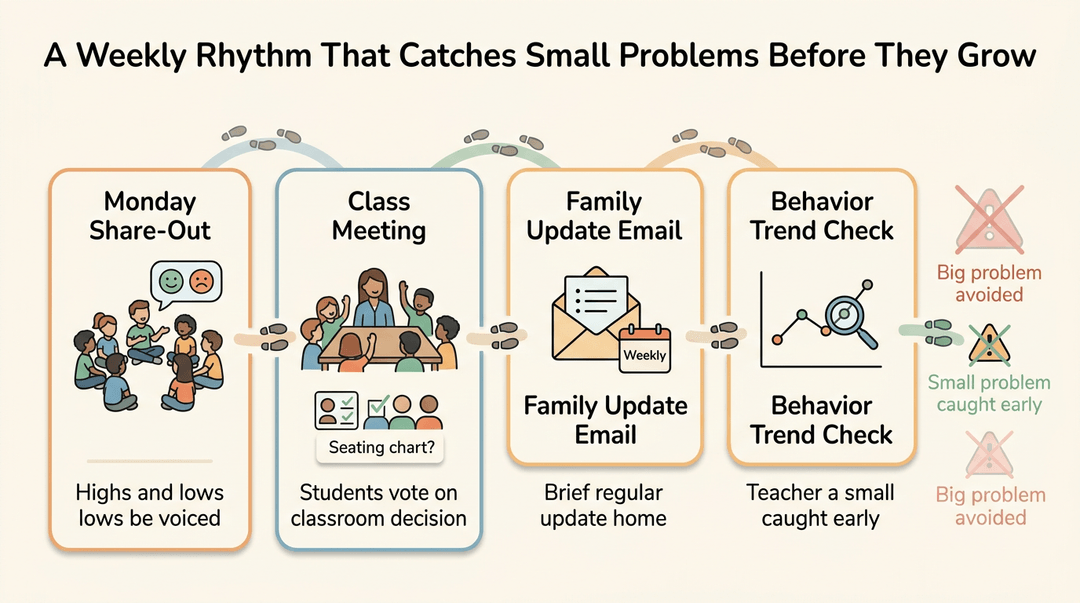 A weekly rhythm chart showing Monday share-outs, class meetings, family emails, and behavior checks to catch small problems early.