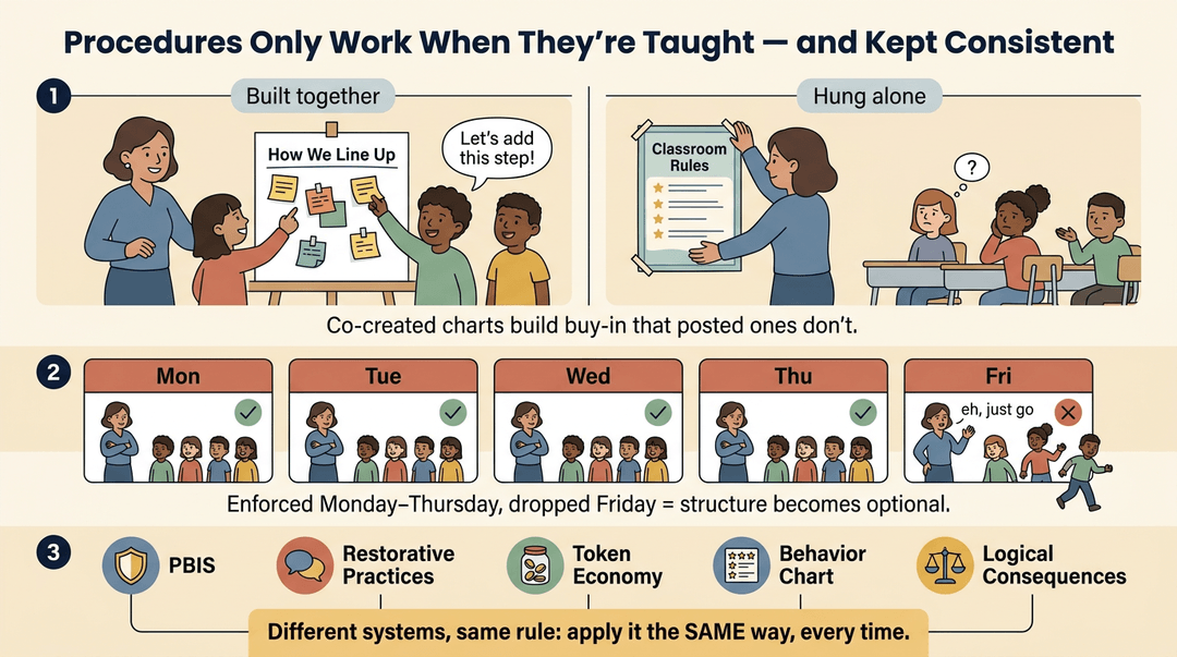 Infographic showing that co-created procedures and consistent daily enforcement are more effective than posted rules or inconsistent system application.