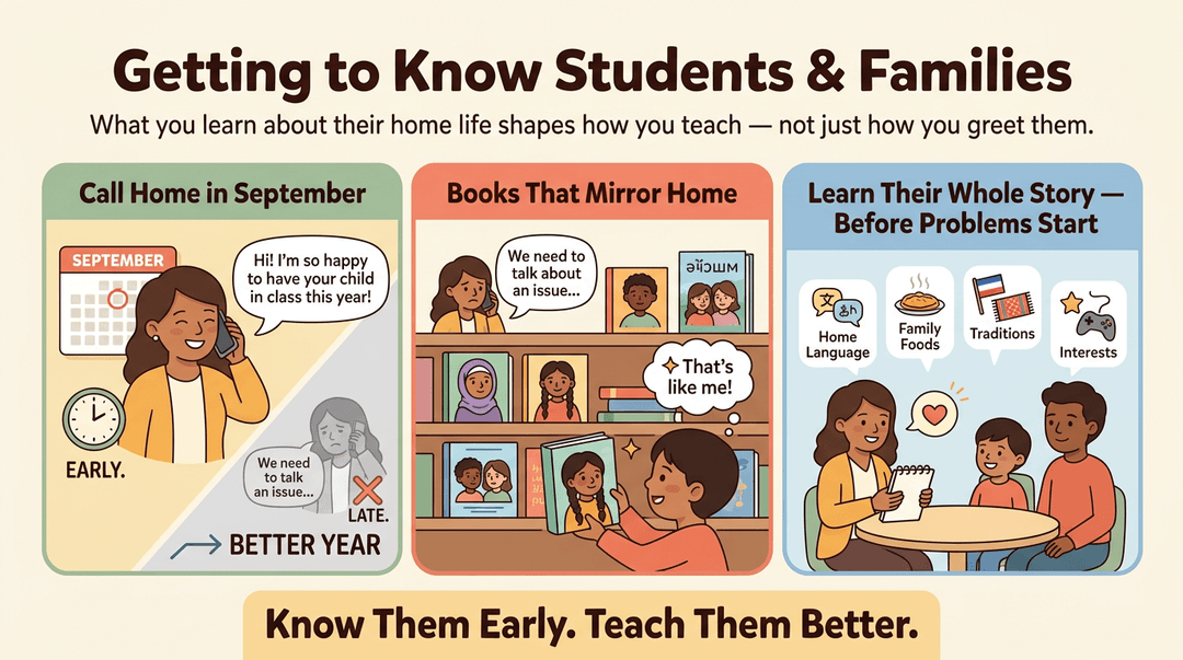 An infographic showing three strategies for building relationships with students and families, including early calls, diverse books, and learning their whole story.