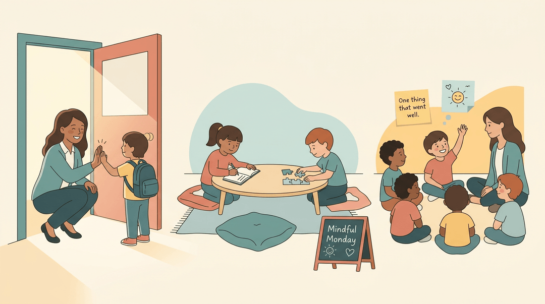 A flat vector illustration shows a second-grade classroom timeline: morning greetings, calm midday activities, and an afternoon reflection circle.
