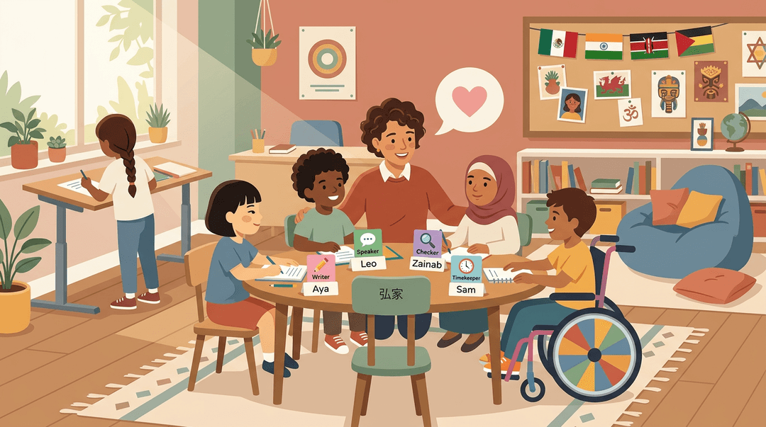 A diverse group of students collaborates at a round table while a teacher kneels beside them in an inclusive, warmly lit classroom.