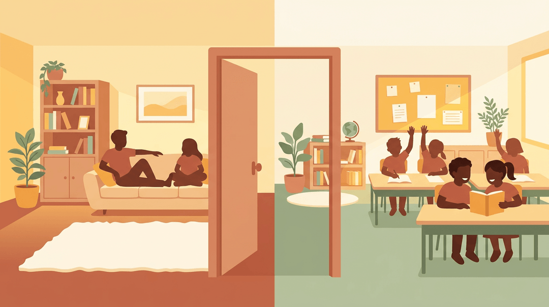 A split illustration shows a cozy living room and a bright classroom united by a central doorway, both glowing with warm light.