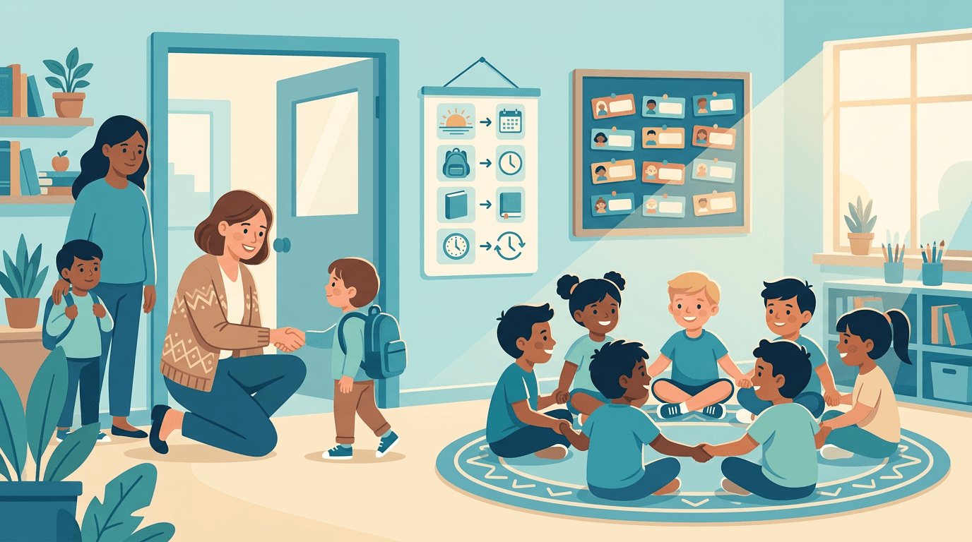 A teacher greets a student at the door while diverse children sit in a welcoming circle on a rug nearby.