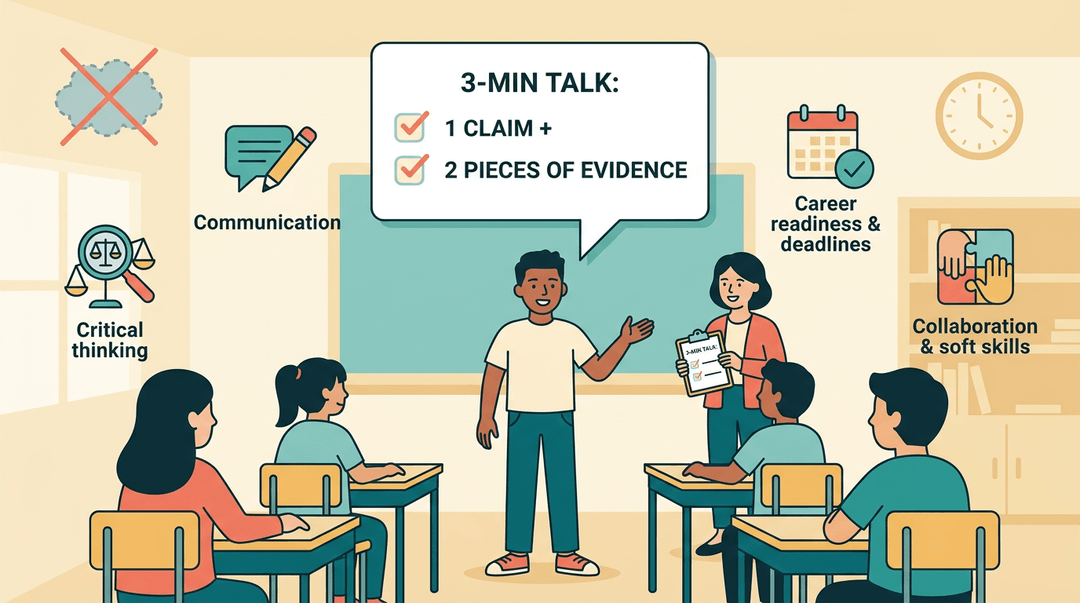 Student presenting a 3-minute talk with evidence while icons for critical thinking and collaboration float nearby.