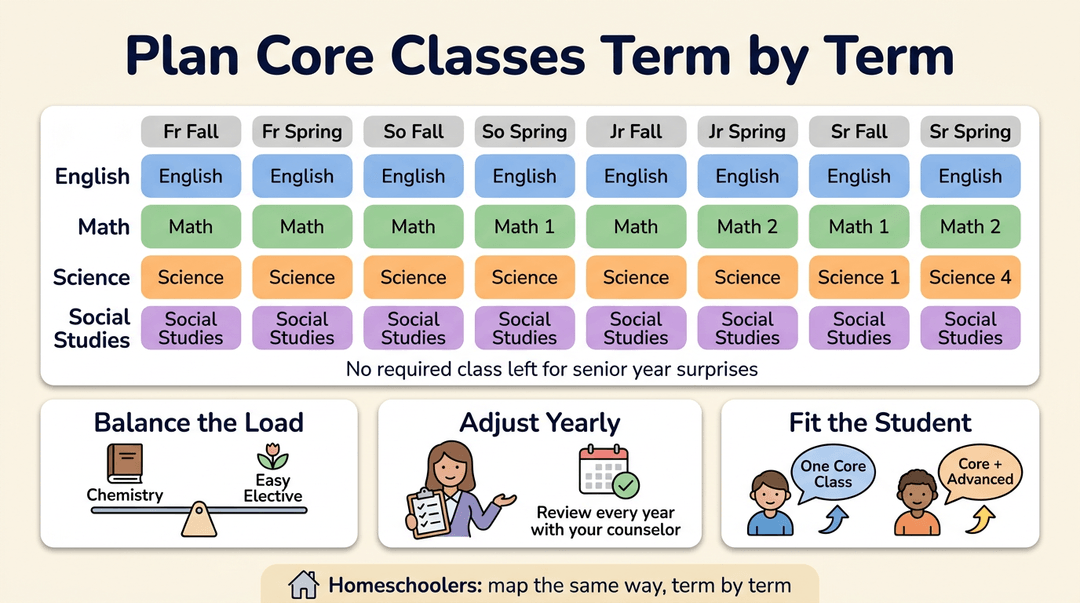 Infographic showing a 4-year core class schedule grid and three tips for balancing course loads, adjusting yearly, and fitting student pace.