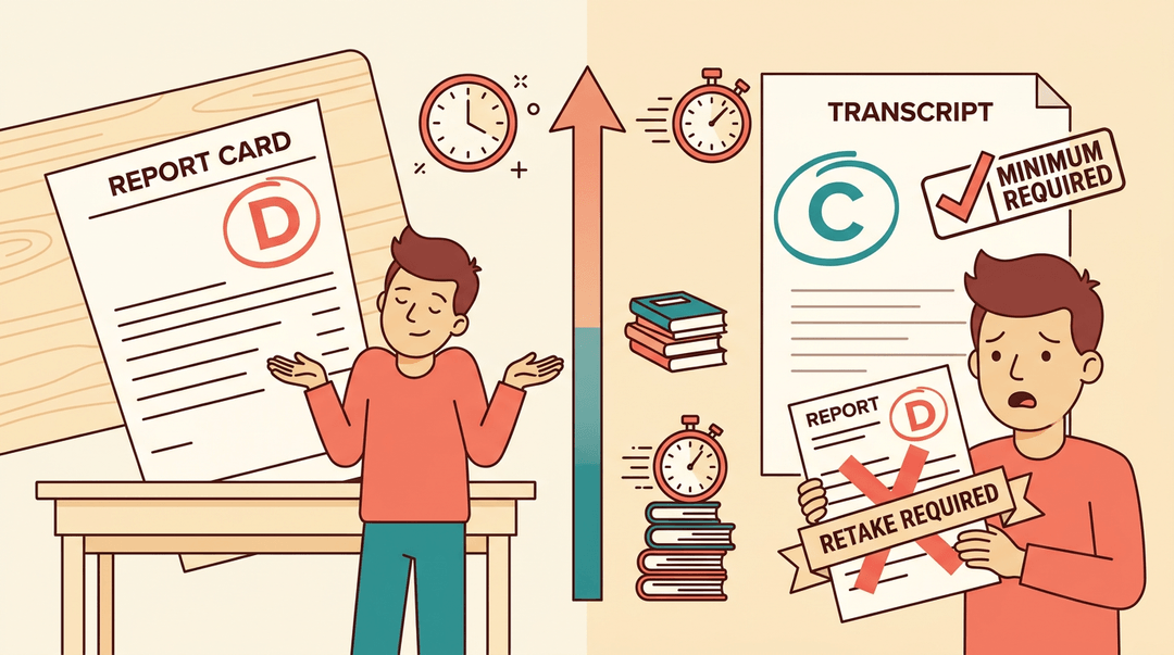 A student shrugs at a D in high school but worries as college demands a C, highlighting the increased academic pressure.