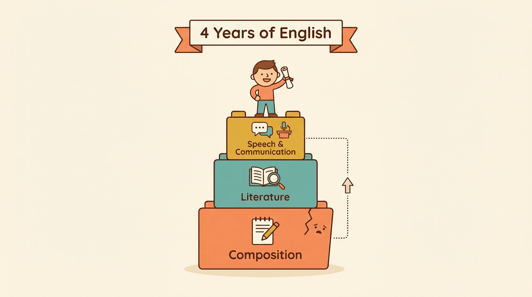 A flat vector illustration shows a tower of three blocks labeled Composition, Literature, and Speech & Communication, with a student holding a diploma on top.