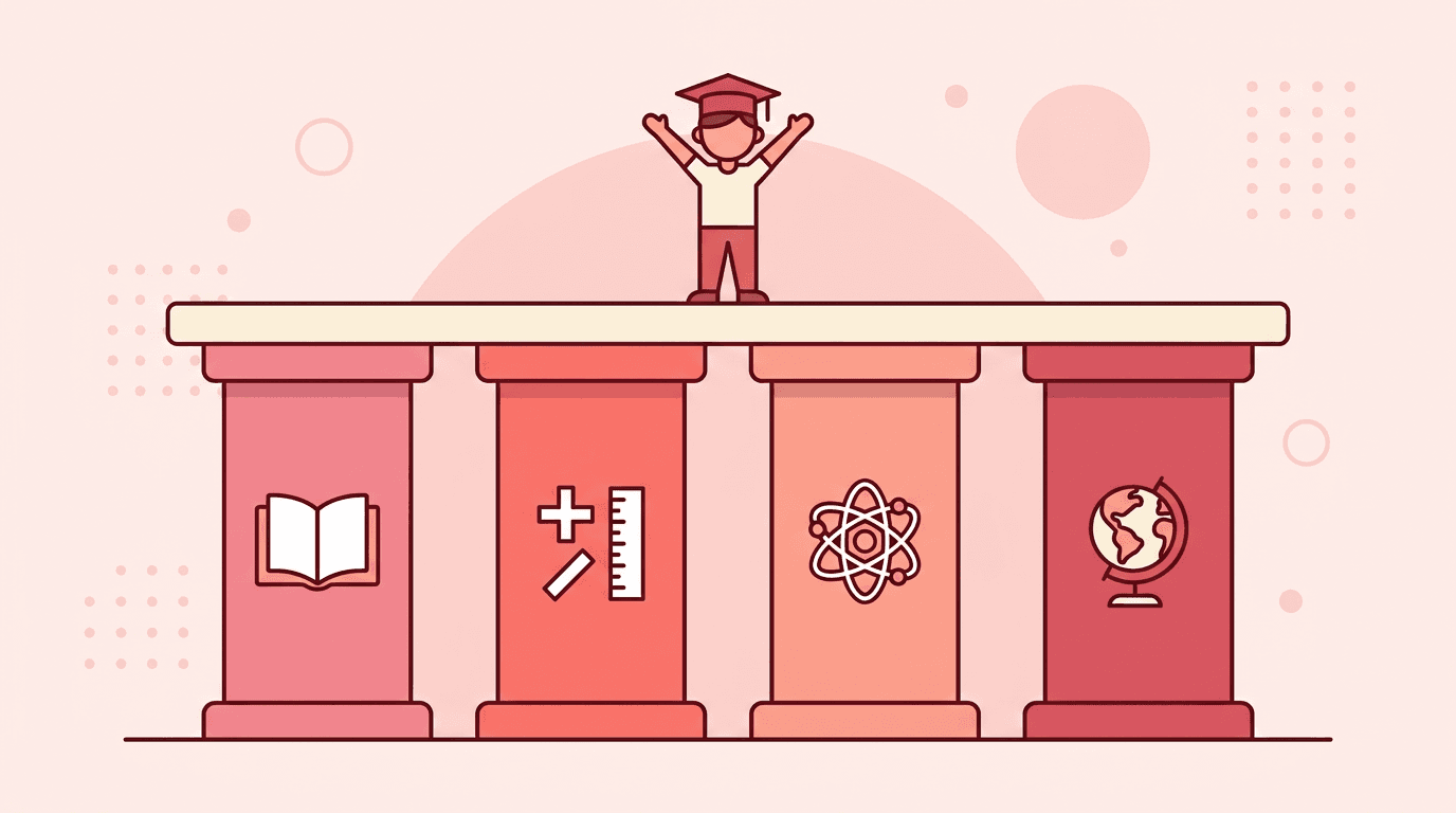 Four colored pillars with subject icons support a platform where a student in a graduation cap celebrates.