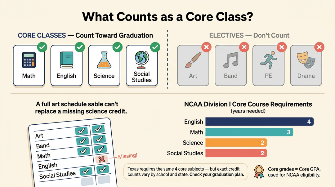 Infographic distinguishing core classes like Math and Science from electives, showing NCAA requirements and a schedule example.