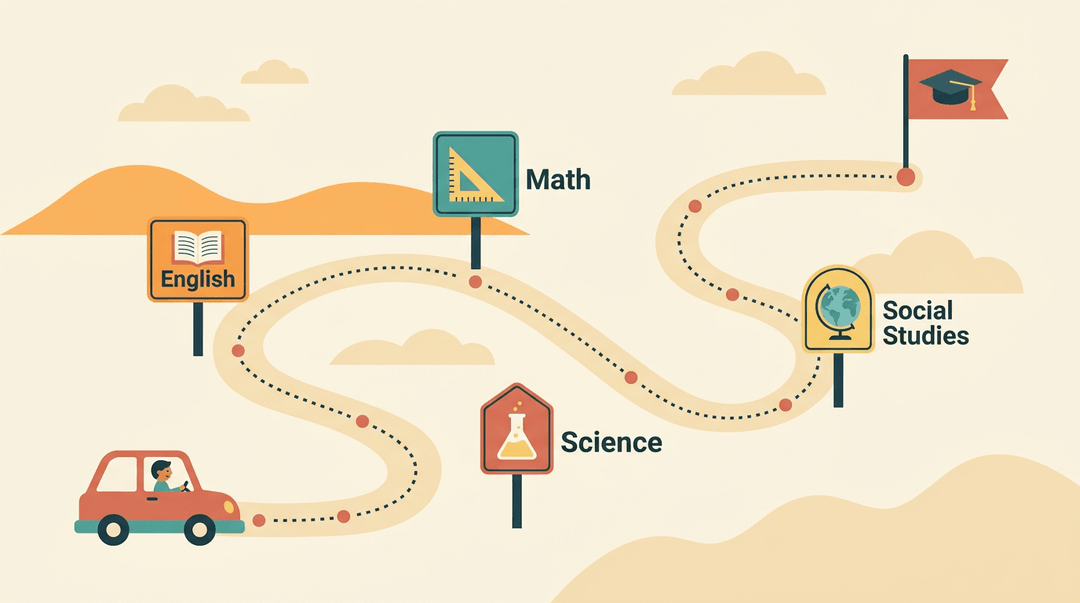 A winding map route connects English, Math, Science, and Social Studies signposts to a graduation cap flag.