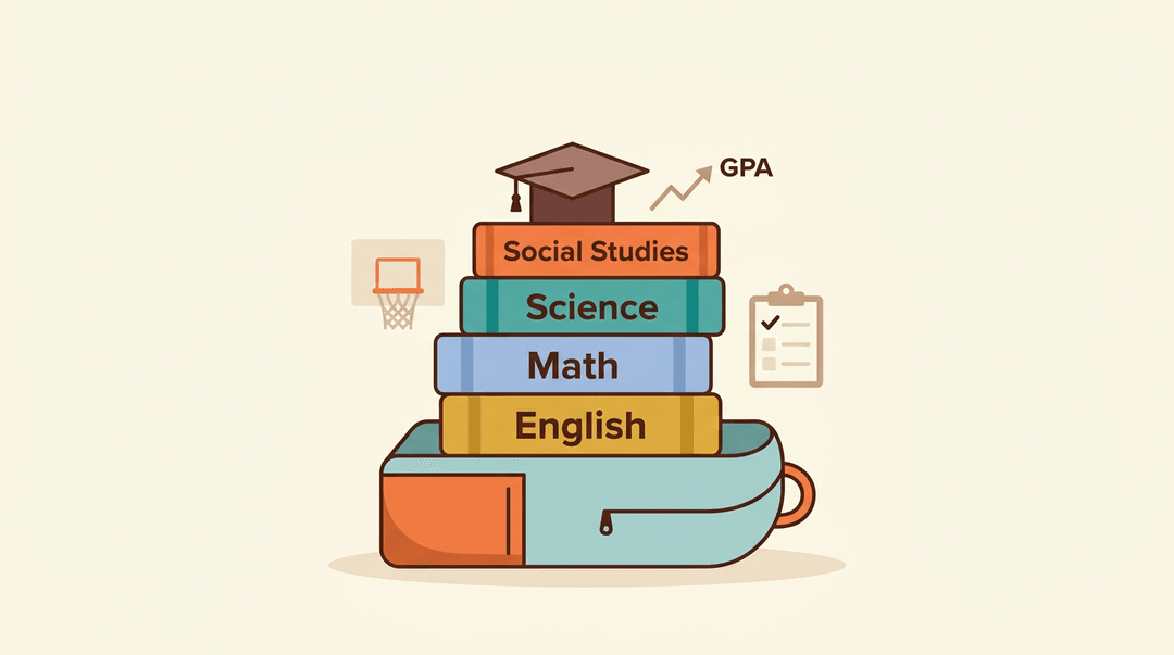 Stacked books labeled English, Math, Science, and Social Studies form a tower topped with a graduation cap and GPA graph.