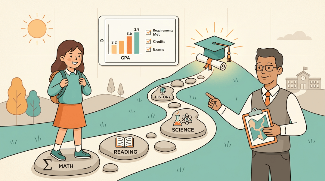 Student guided by teacher along subject-labeled stones toward graduation, with a tablet tracking GPA progress.