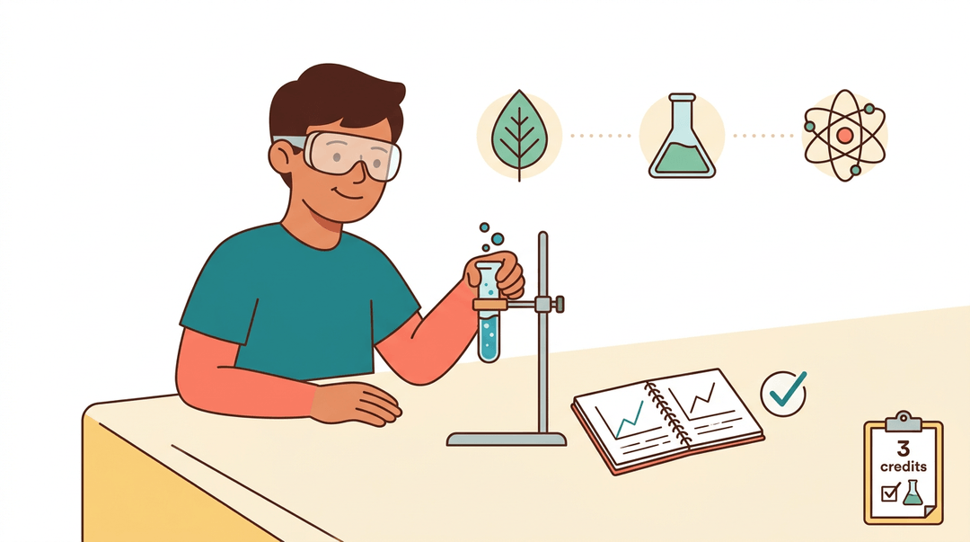 A student in goggles examines bubbling blue liquid in a test tube, with icons for biology, chemistry, and physics floating nearby.