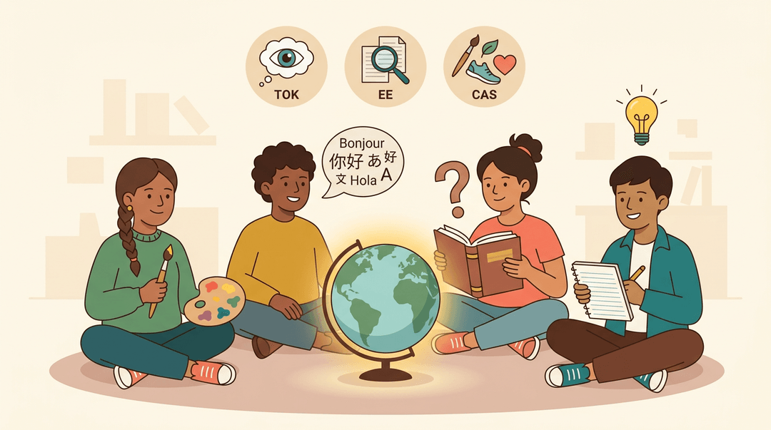 Diverse students sit around a glowing globe, holding items representing arts, languages, philosophy, and thinking, with TOK, EE, and CAS badges above.
