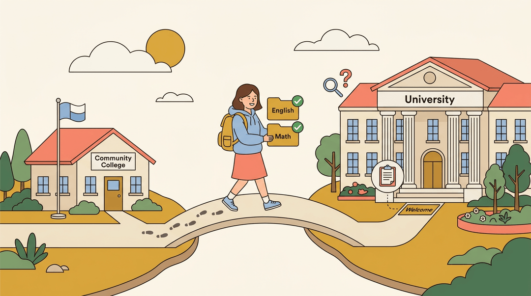 A student crosses a bridge from Community College to University carrying English and Math credits, with a clipboard icon symbolizing required checks.