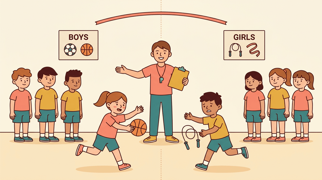 A gym teacher divides students by gender, but two children defy stereotypes by reaching for activities on the opposite side.