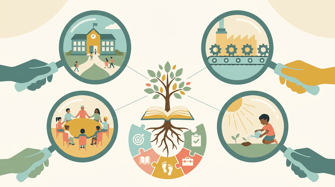 A stylized tree of curriculum grows from an open book, with four magnifying glasses showing different educational perspectives, and roots forming five interconnected puzzle pieces representing learning components.
