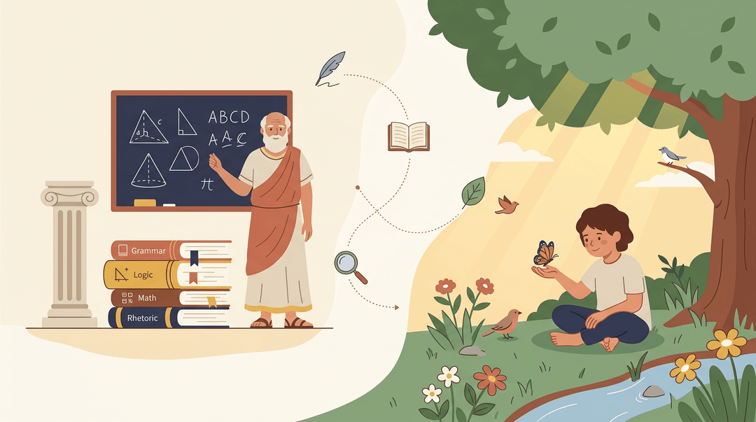 A vector illustration contrasting structured classroom learning with nature-based discovery, connected by a dotted path.