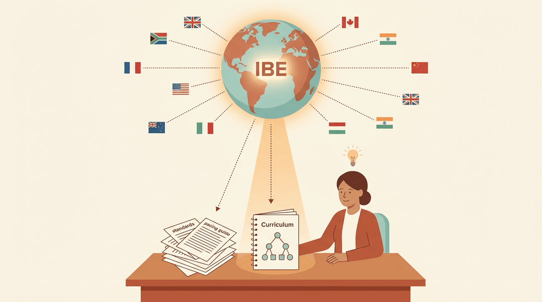 A glowing globe surrounded by national flags funnels influence to a teacher organizing classroom materials into a