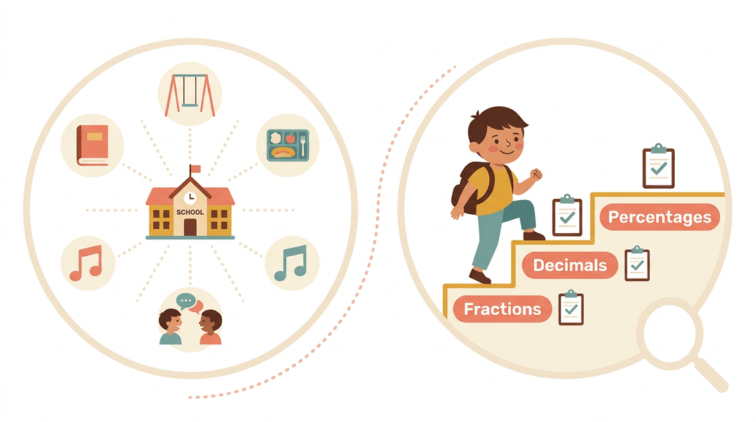 A split image shows a school surrounded by student experiences on the left, and a child climbing stairs labeled