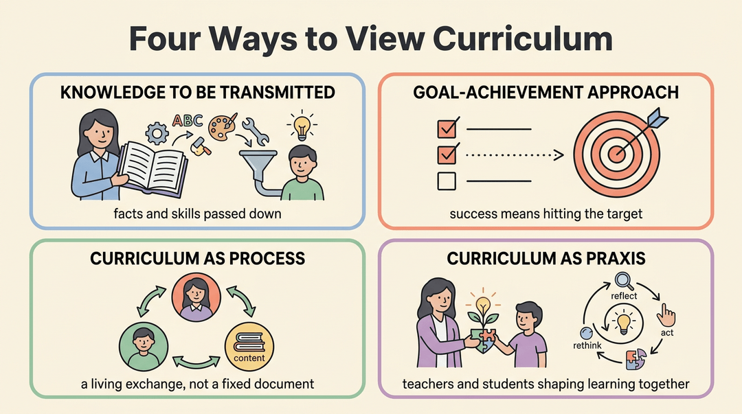 A 2x2 grid illustrates four ways to view curriculum—as transmitted knowledge, goal-achievement, a process, and praxis.