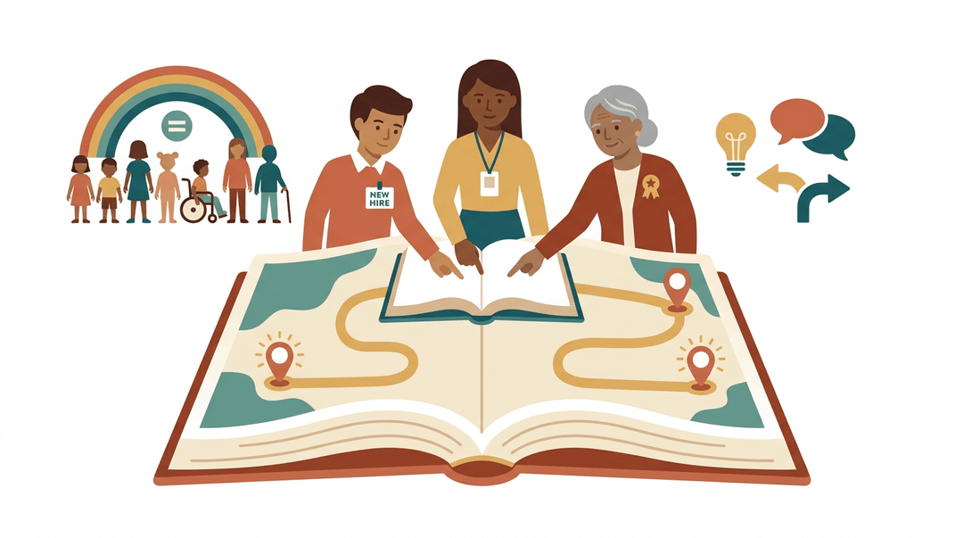 Three diverse teacher figures, at different career stages, huddle over an open book mapping their shared educational journey.