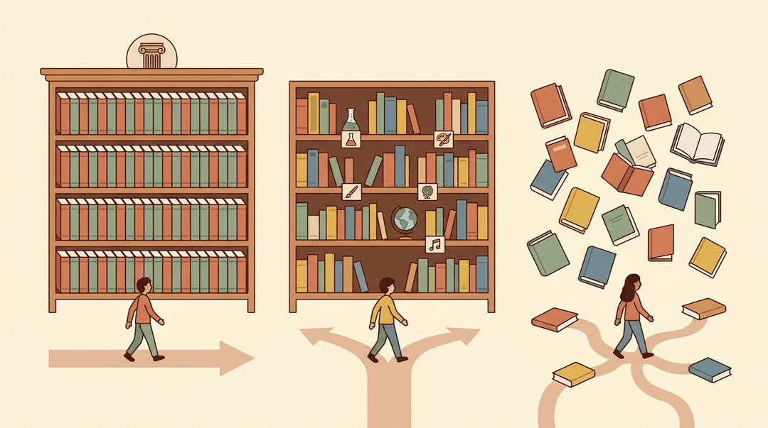 Visualizing different college curriculum structures, three students walk paths ranging from a rigid bookshelf to scattered books.