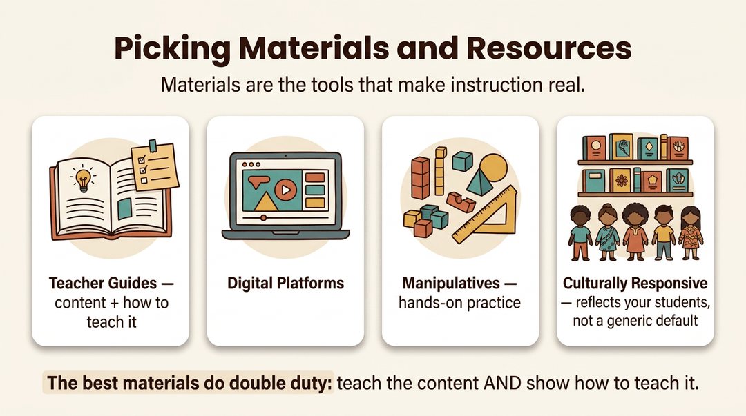 Four illustrated cards display different teaching materials: teacher guides, digital platforms, manipulatives, and culturally responsive resources.