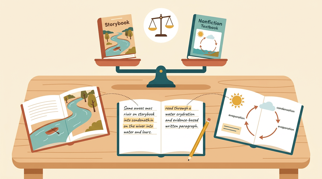 An overhead view of a desk shows a balanced scale with a storybook and a textbook, an open notebook with writing connecting ideas from both texts, and a pencil.