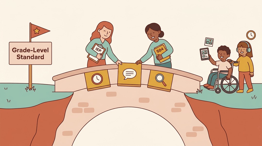 A diverse group of students with accommodations cross a bridge, guided by adults, toward a