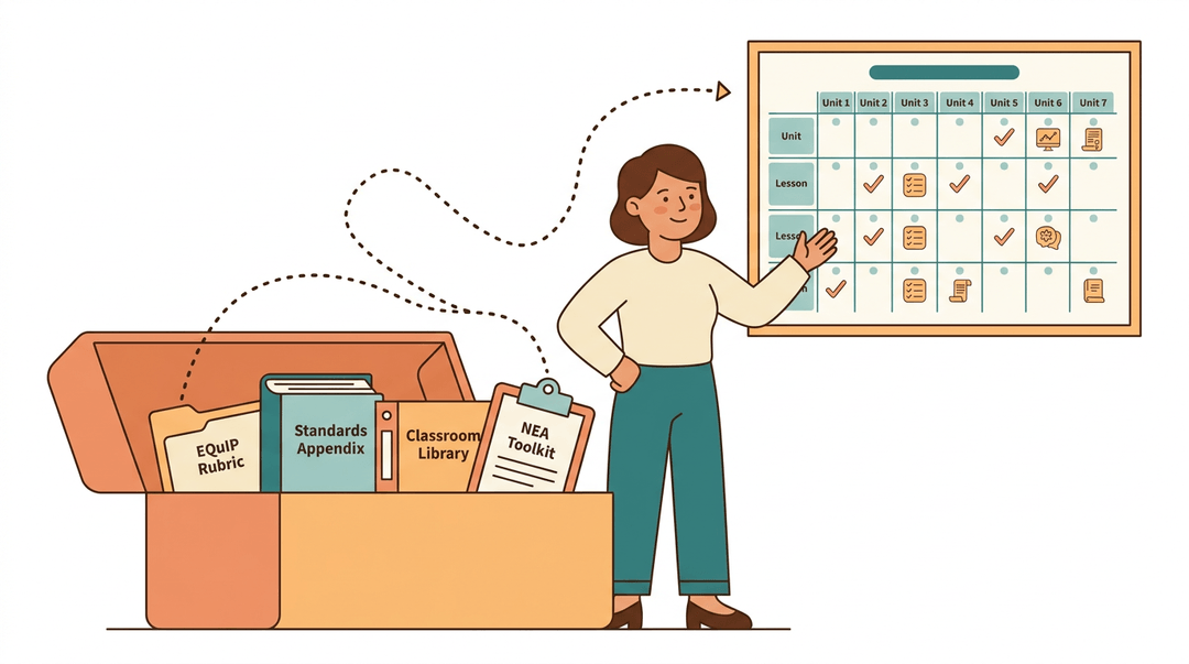 A teacher stands by a toolbox of resources, confidently reaching towards a clear school-year planner with a personalized path.