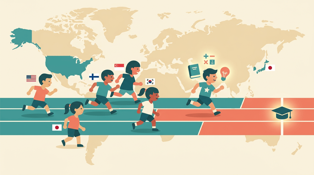 Stylized child runners from different countries race on a track overlaying a world map, carrying glowing icons toward a graduation cap finish line.