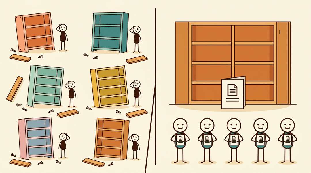 A chaotic scene of five confused teachers building crooked bookshelves contrasts with five calm teachers with one perfect bookshelf.
