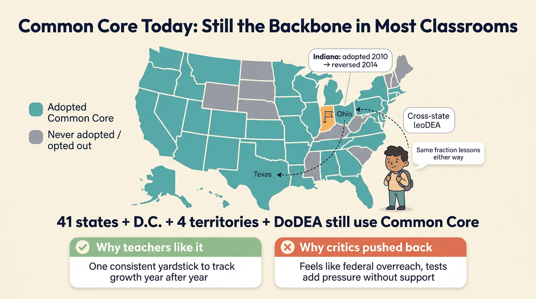 Infographic on Common Core with a U.S. map, statistics, and pros/cons for teachers, on a cream background.