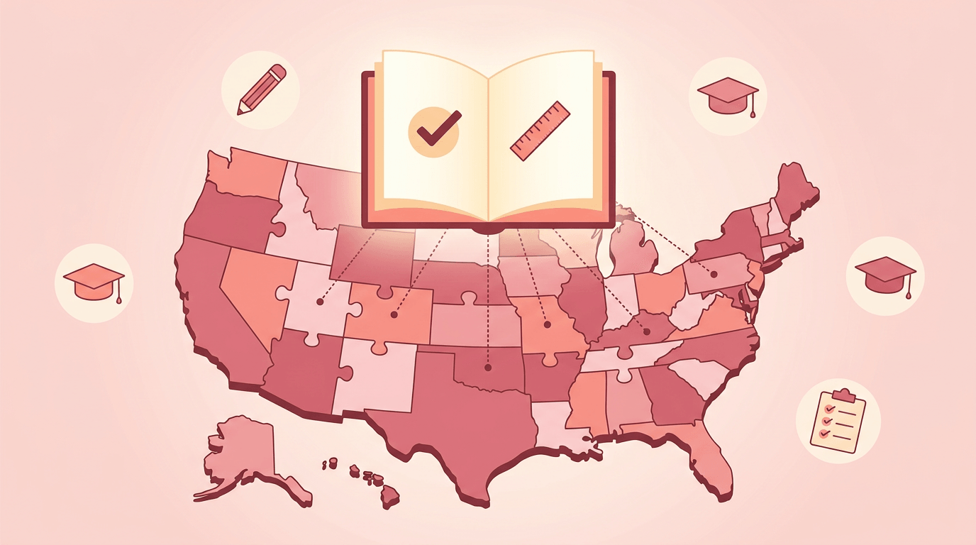 A pastel flat vector illustration shows a puzzle-piece map of the US with glowing guidebook, pencil, graduation cap, and checklist icons.