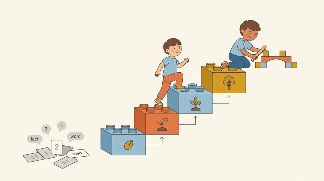 A child builds a bridge on a staircase of increasing complexity, contrasting with scattered flashcards representing rote learning.